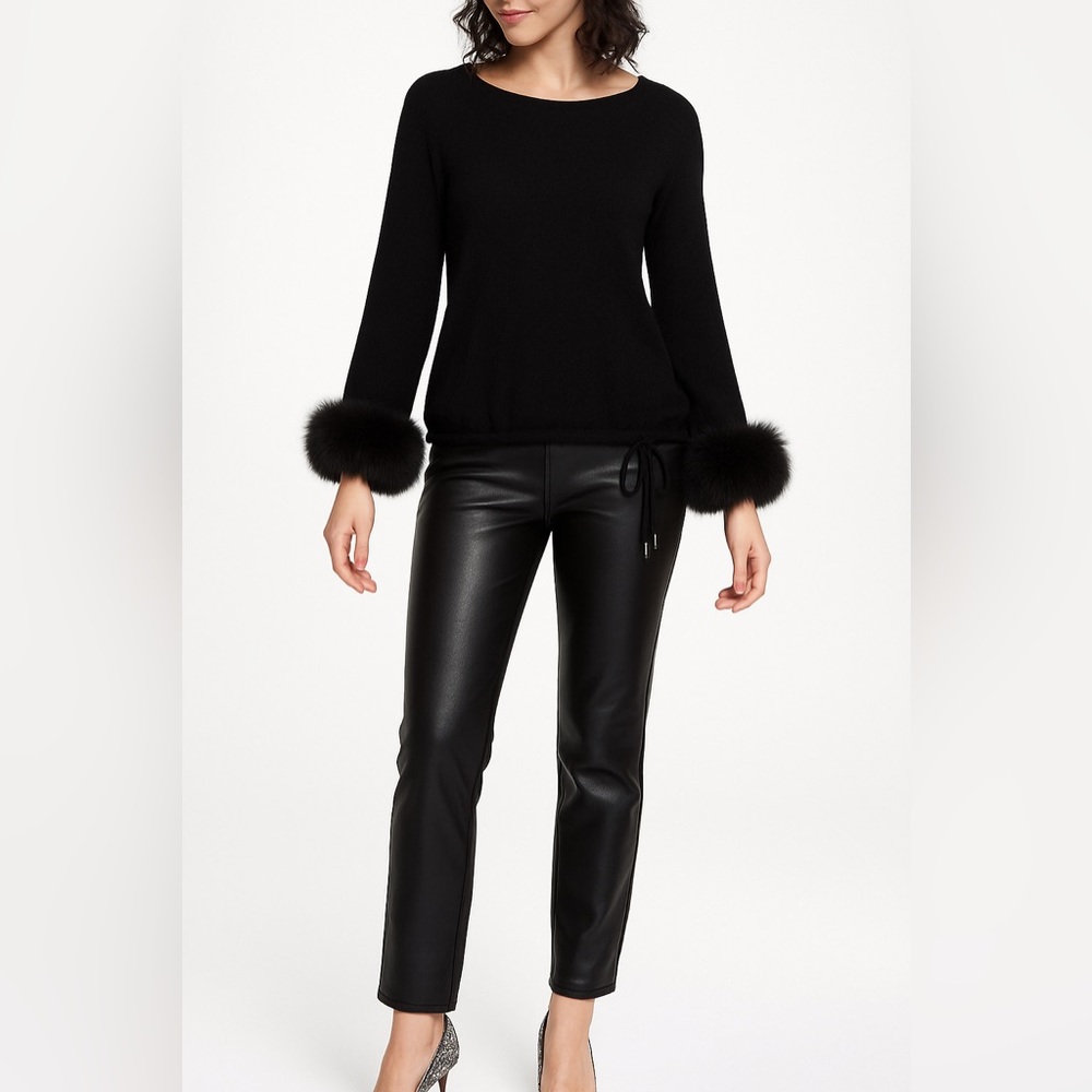 InCashmere BLACK Sweater with Fox Fur Cuffs
